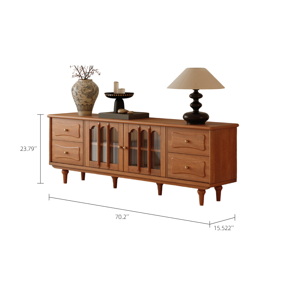 70'' Solid Wood TV Stand Cabinet Arched Glass Doors Multi Drawer Design Warm Cherry Finish