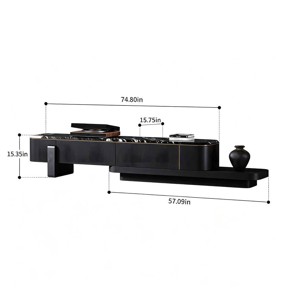 Modern Extendable TV Stand with Marble Top and Black Wood Finish
