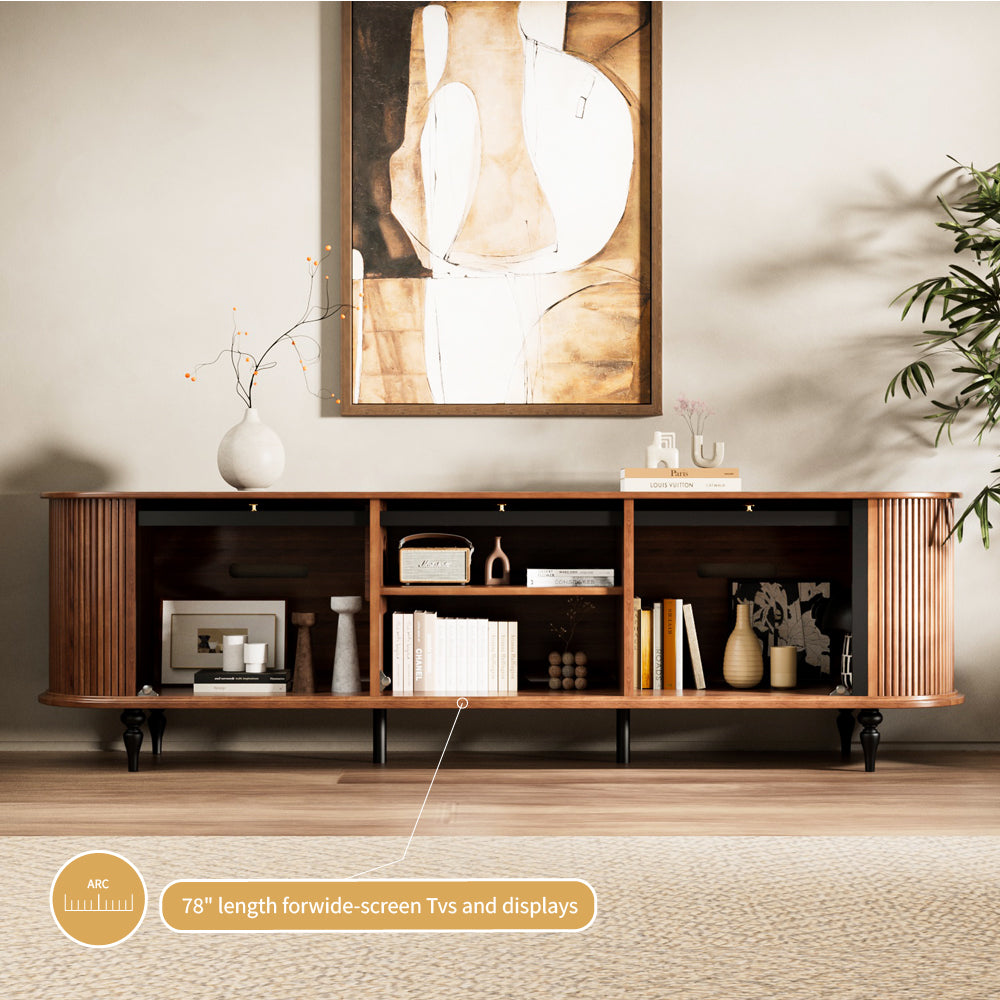 78" Retro TV Stand Curved Edge Design Arched Glass Doors Long Storage Cabinet Vintage Style Unit