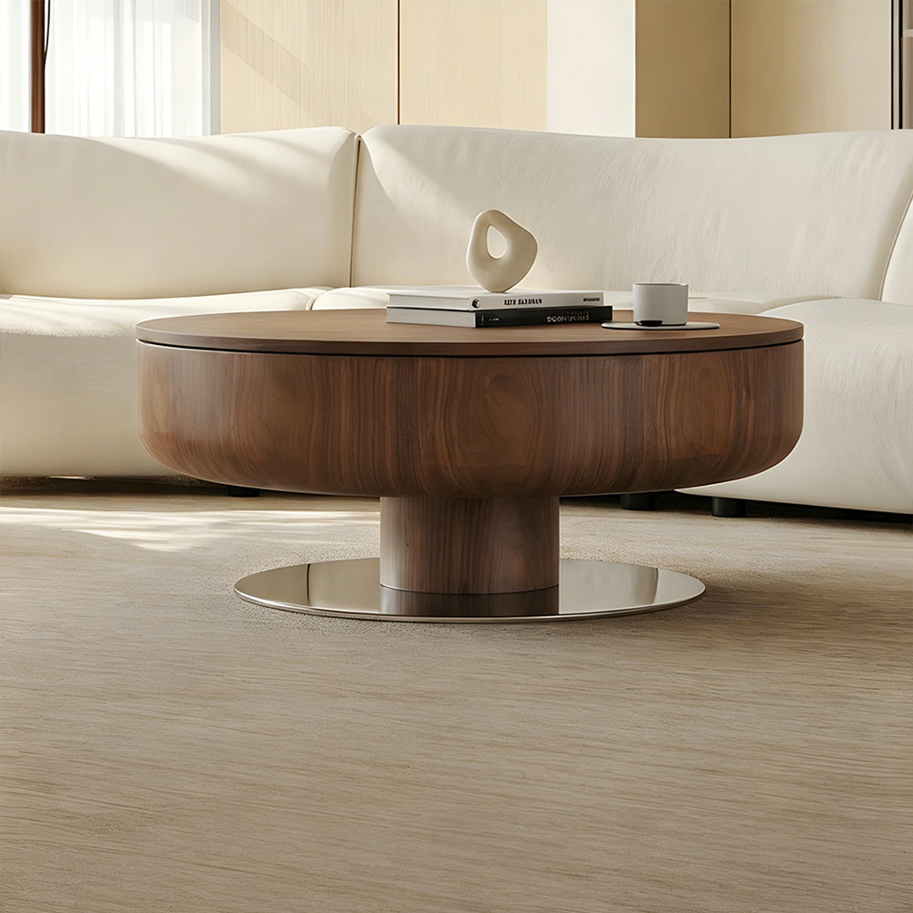 Modern Round Walnut Coffee Table Radial Veneer Design Metal Base