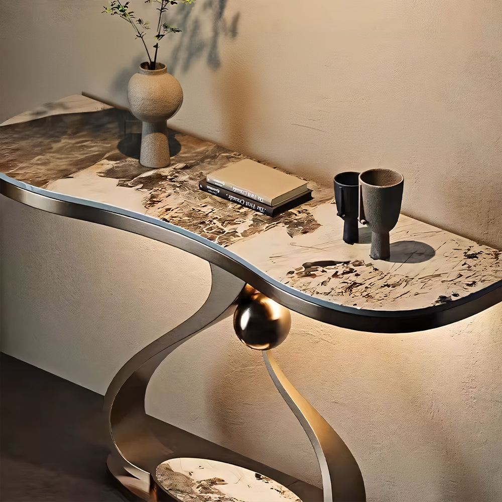Modern Sintered Stone Entryway Console Table with Gold Sculptural Metal Base