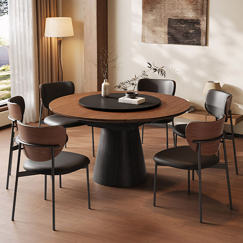59" Modern Round Dining Table with Rotating Lazy Susan Walnut Veneer Top Pedestal Base Dining Table