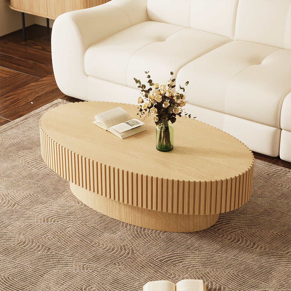 42.9" Natural Wood Oval Coffee Table Vertical Textured Design Modern Minimalist Style
