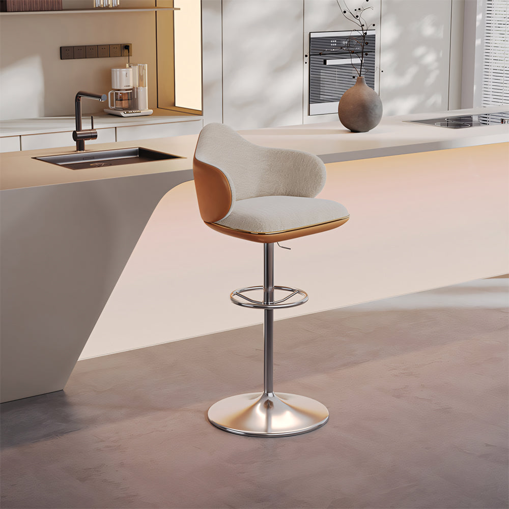 Modern Adjustable Swivel Bar Stool Burgundy Chenille Upholstered Seat Beige Accent Chrome Base Counter Height Bar Chair 1 Piece