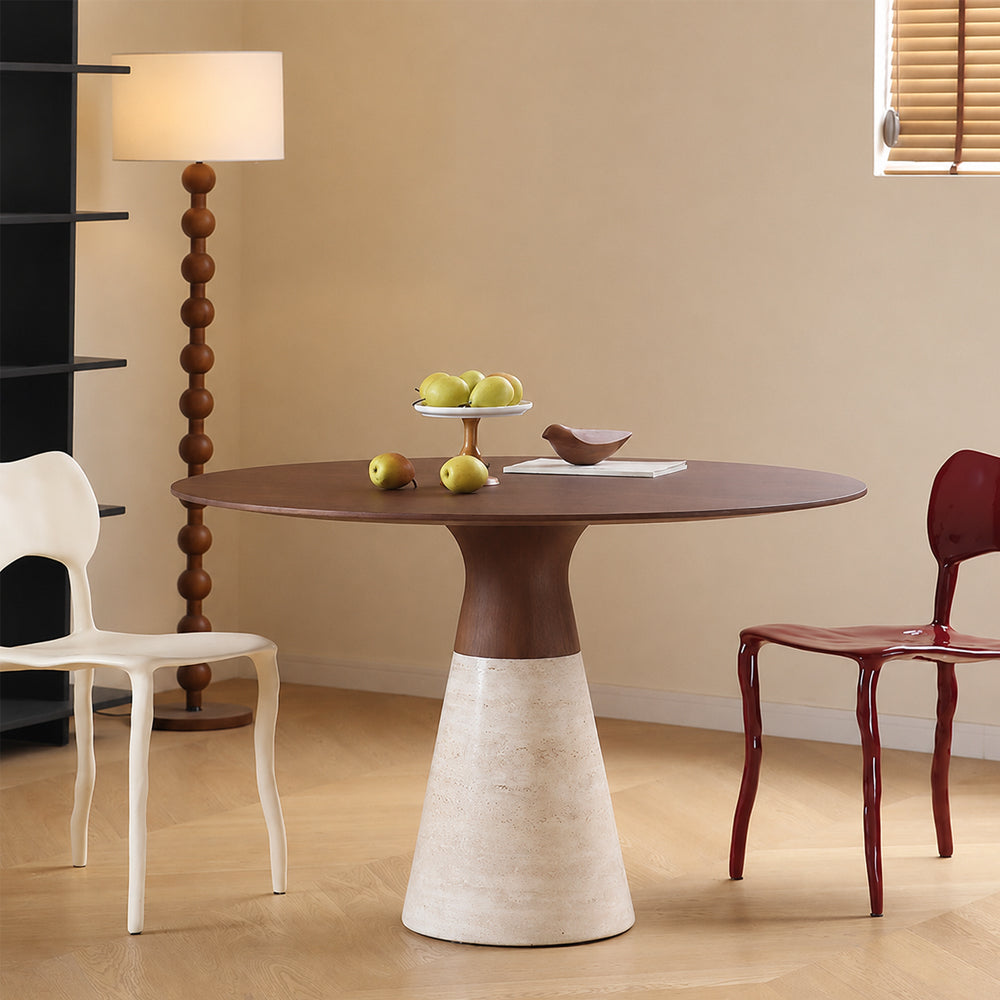 Modern Round Dining Table with Walnut Veneer Top & Travertine-Inspired Pedestal Base