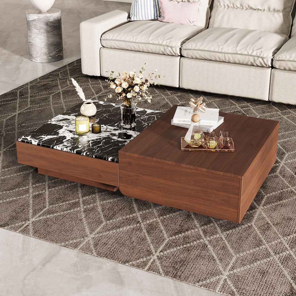 55'' Modern Square Marble and Wood Coffee Table Elegant Design
