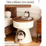 Load image into Gallery viewer, Modern Round Nightstand with Hidden Storage Drawer and Cat House Base Wooden Top Fluted Design Bedside Table
