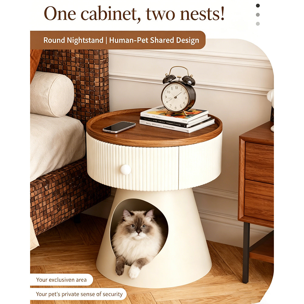Modern Round Nightstand with Hidden Storage Drawer and Cat House Base Wooden Top Fluted Design Bedside Table