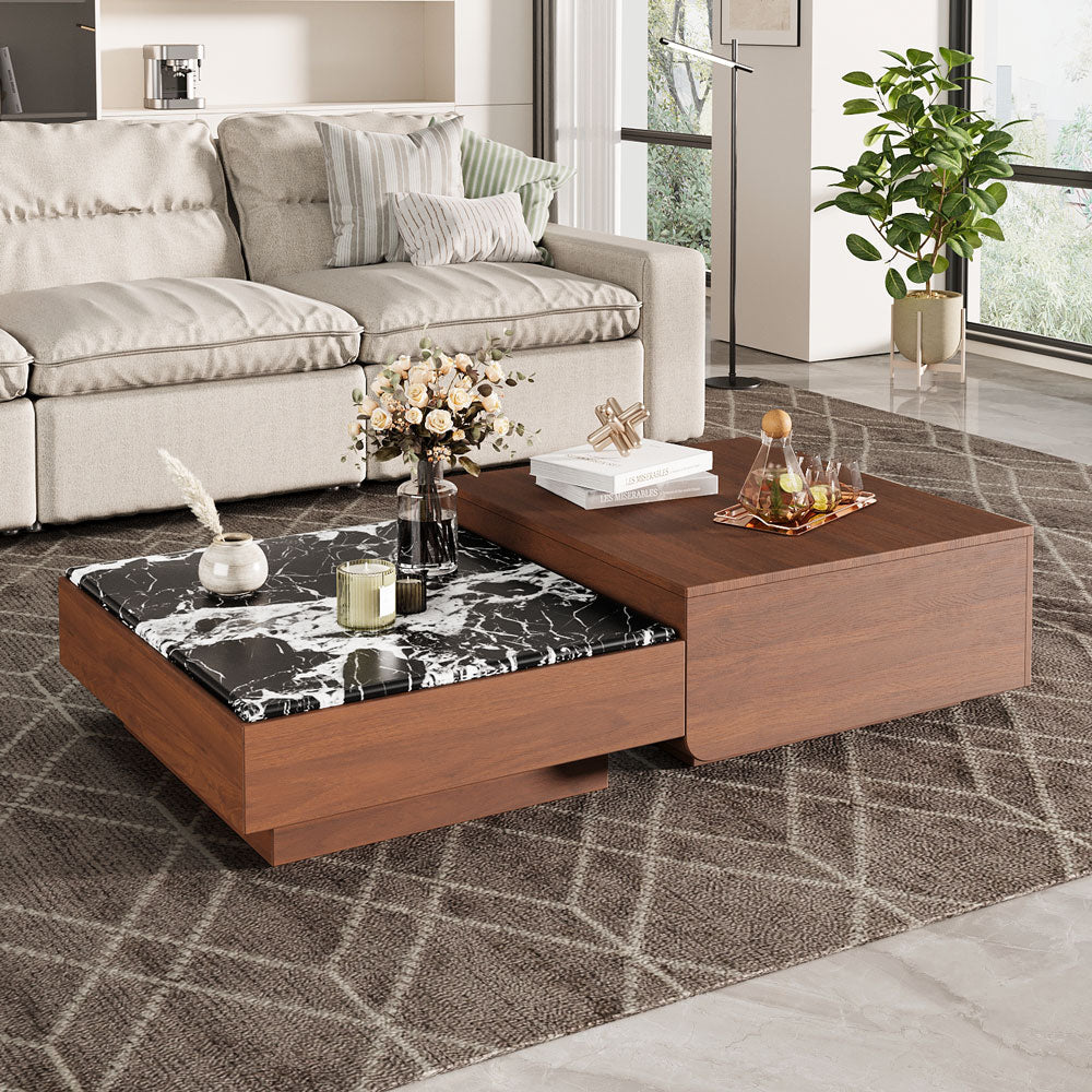 55'' Modern Square Marble and Wood Coffee Table Elegant Design