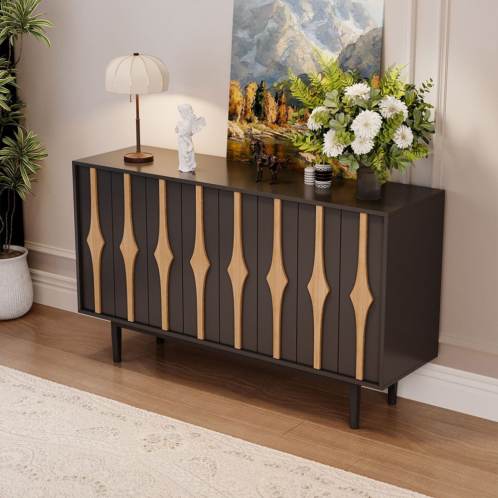55.1'' Modern Black & Natural Wood Sideboard Cabinet with Decorative Slatted Doors