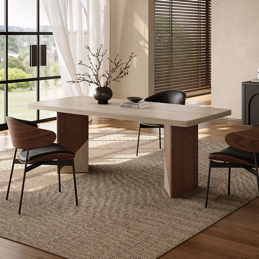 Rectangular Dining Table with Travertine-Look Sintered Stone Top and Fluted Oak Base