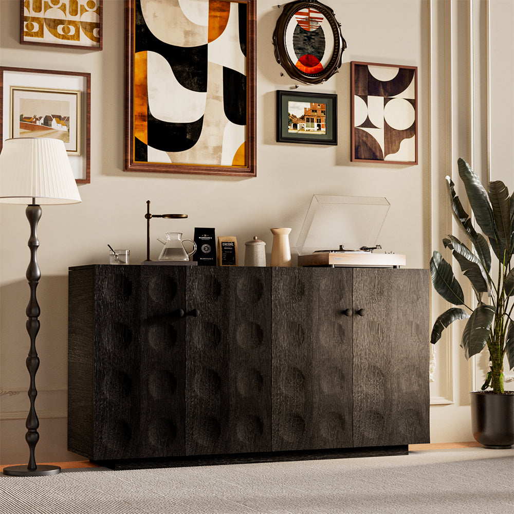 62.4''Vintage Embossed Sideboard Black Wood Storage Cabinet Textured Carved Front Mid Century Accent