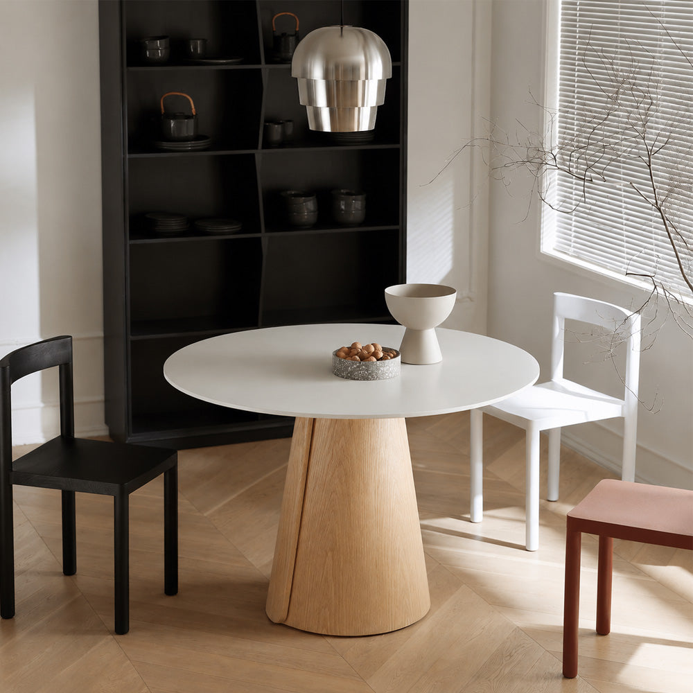 Modern Round Dining Table with Walnut Veneer Top & Travertine-Inspired Pedestal Base