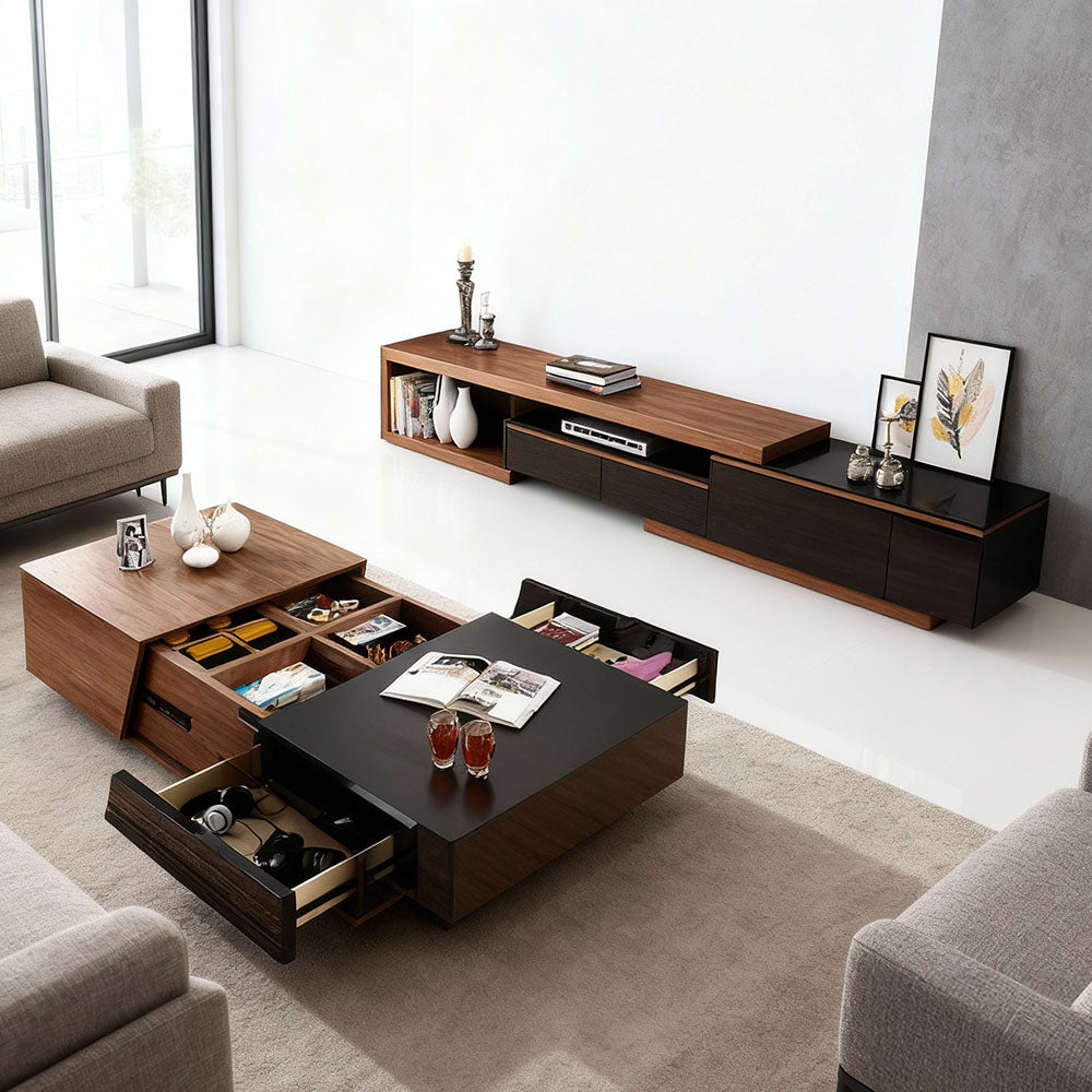 78.7'' Modern Walnut & Black Extendable TV Console Adjustable Media Stand with Large Storage Capacity