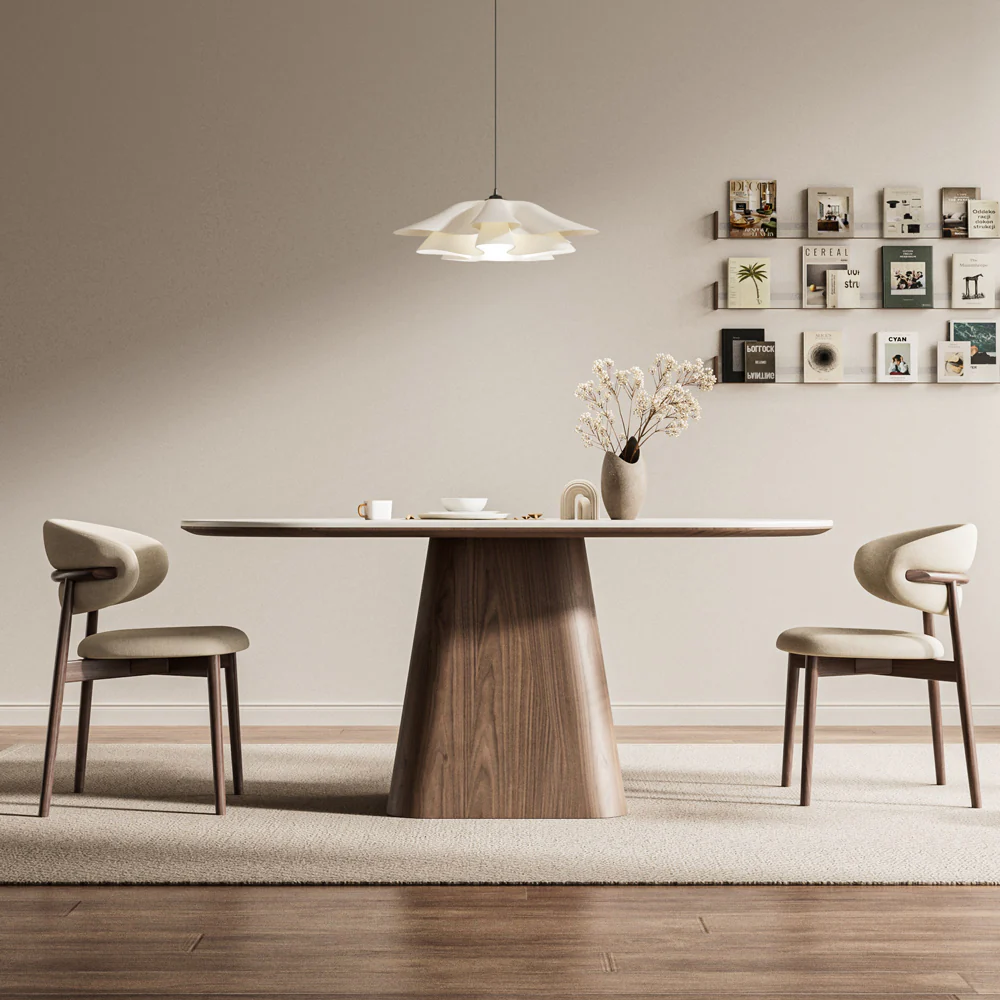 Oval Dining Table Solid Wood Walnut Veneer Base Scratch Resistant Sintered Stone Top Modern Stylish Design