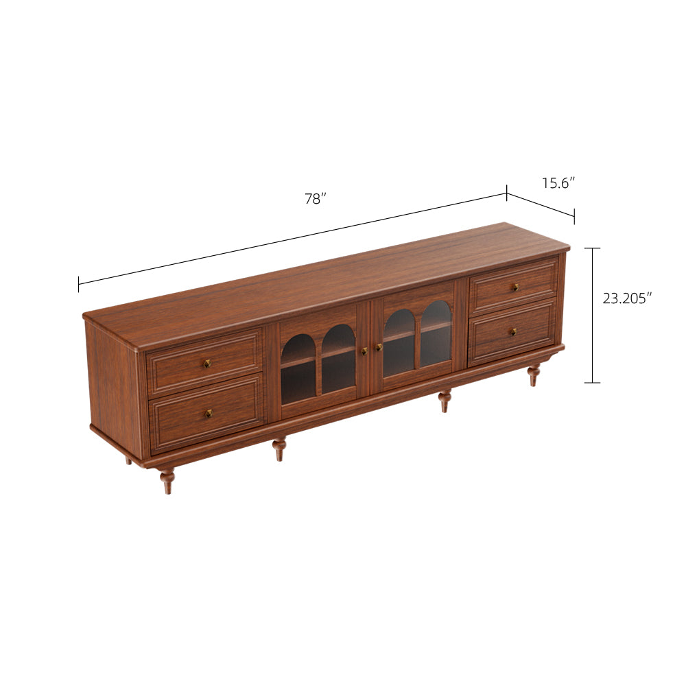 78'' Neo-Chinese Style TV Cabinet Solid Wood Drawers Arch Glass Doors Elevated Storage Base