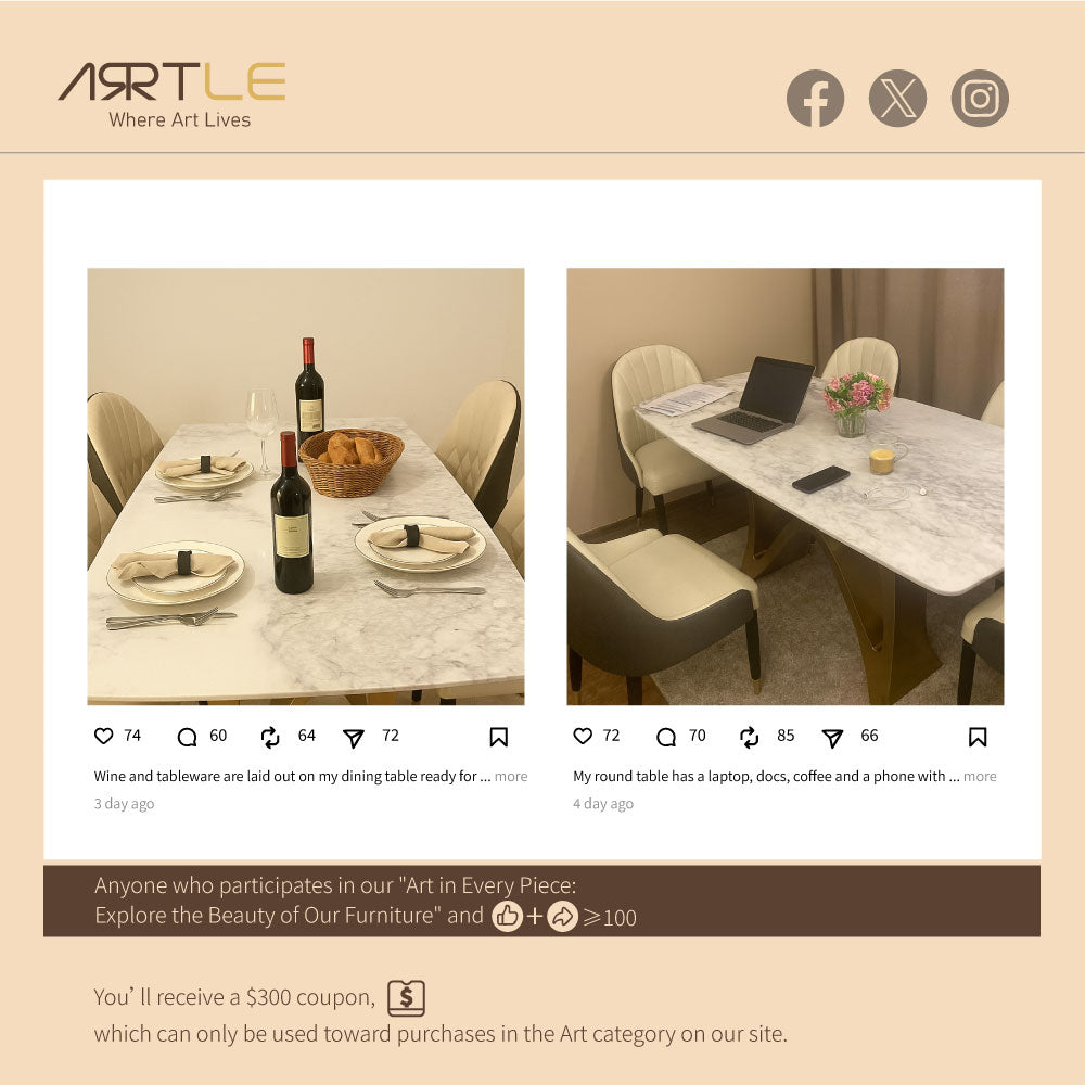 Square Dining Table with Sculptural Gold Base and Exquisite Marble-Look Surface for 4-6 People
