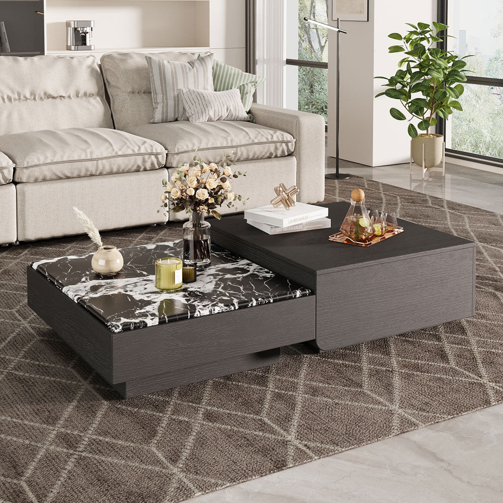 55'' Modern Square Marble and Wood Coffee Table Elegant Design