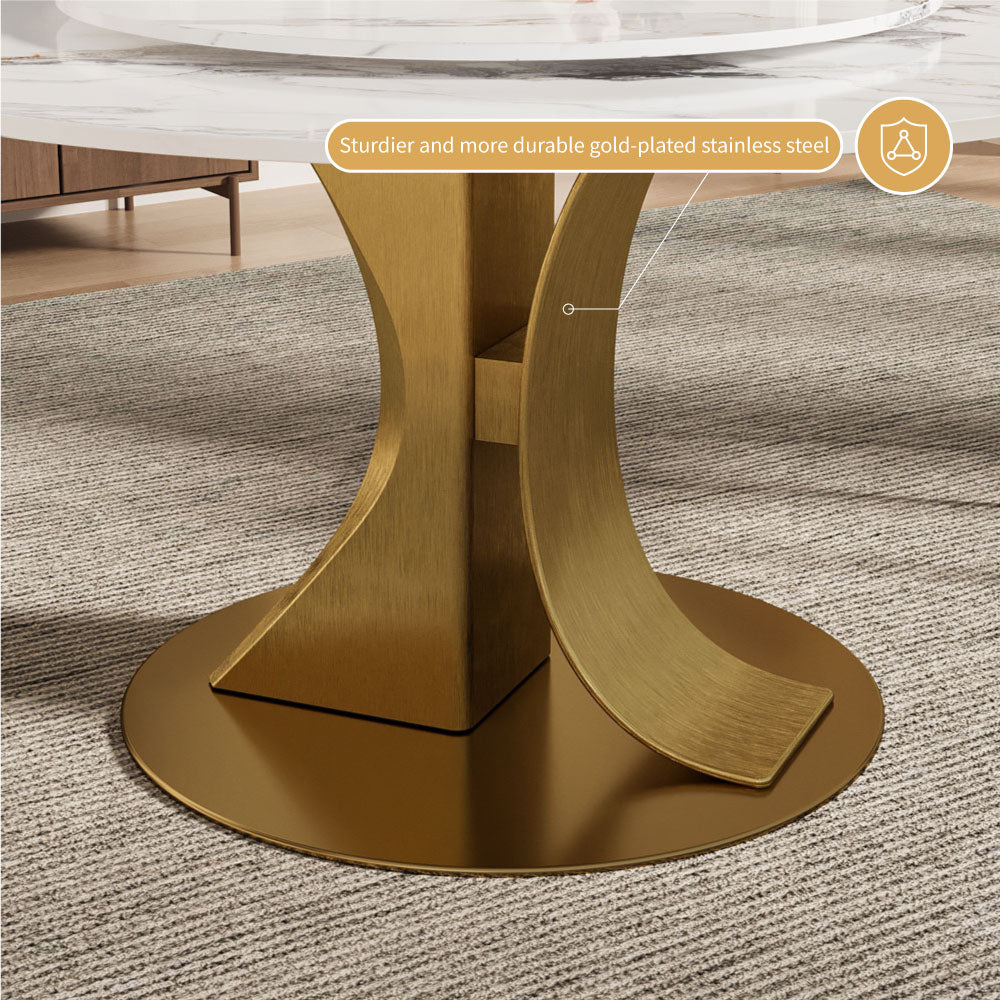 Round Dining Table Lazy Susan Marble Effect and Gold Metal Base Perfect for 4-6 People