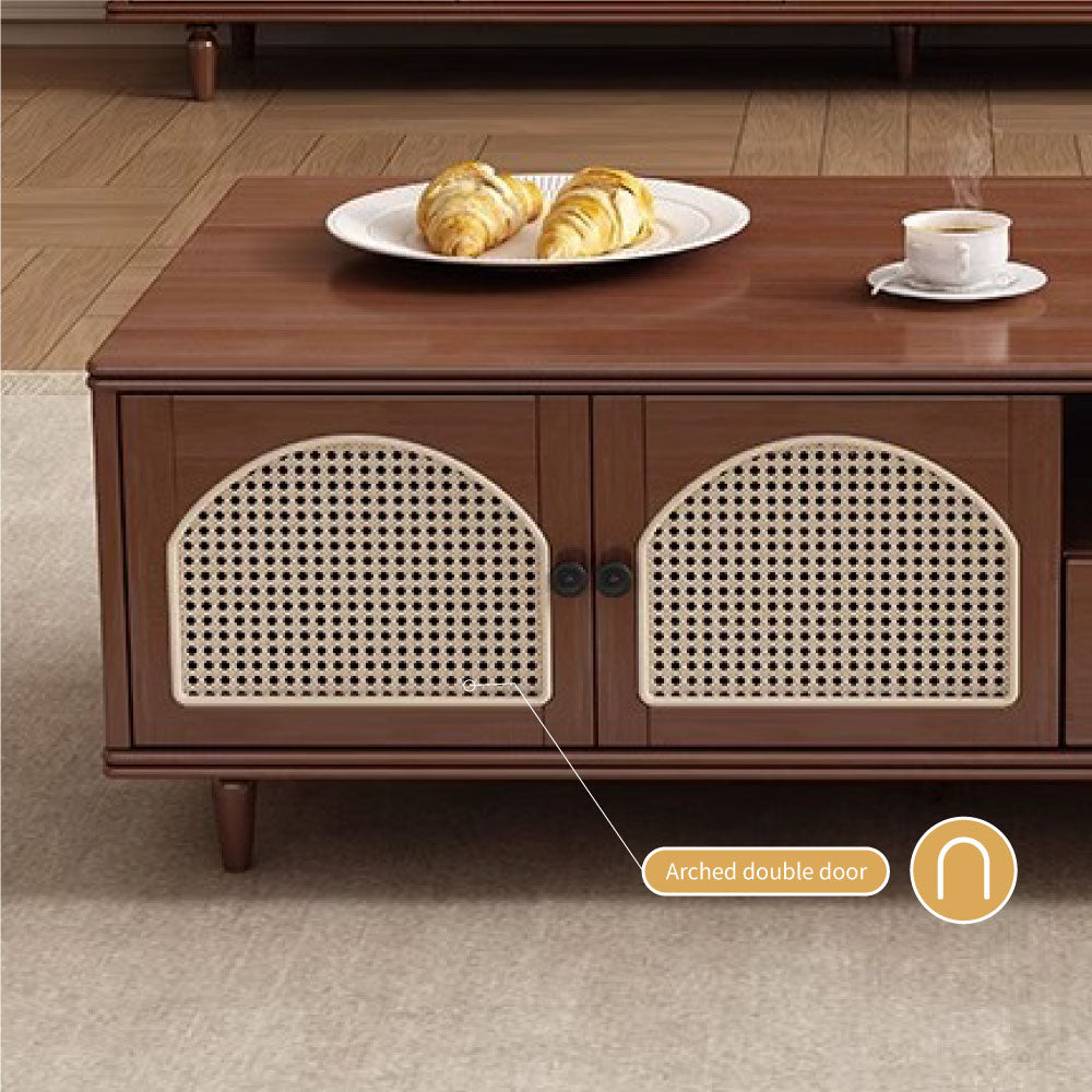 TV Stand & Coffee Table Set with Cane Drawers Mid-Century Modern Style Spacious Storage Elegant Design