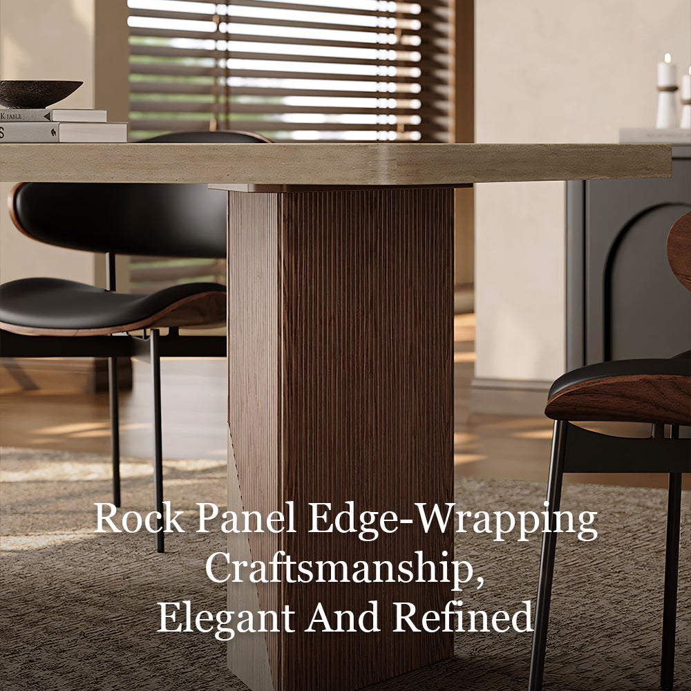 Rectangular Dining Table with Travertine-Look Sintered Stone Top and Fluted Oak Base