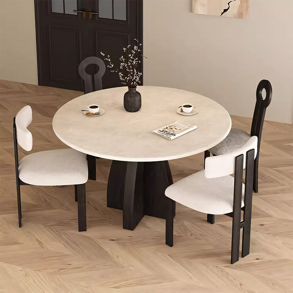 Modern Round Travertine Dining Table Solid Wood Pedestal Base Minimalist Dining Room Table