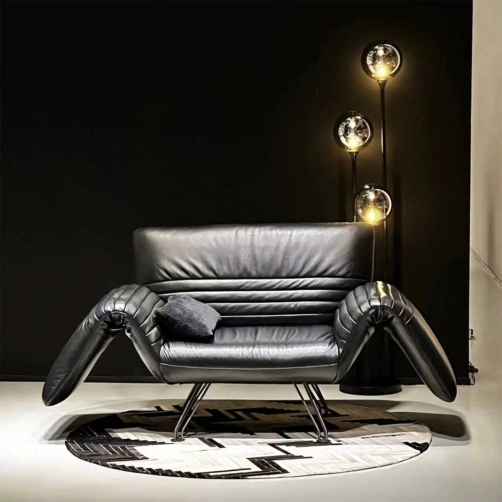 Modern Sculptural Leather Lounge Chair Adjustable Armrest Accent Chair with Metal Legs Contemporary Artistic Seating
