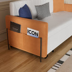 Load image into Gallery viewer, Close-up of convenient side pockets on modern sleeper sofa bed for books or devices

