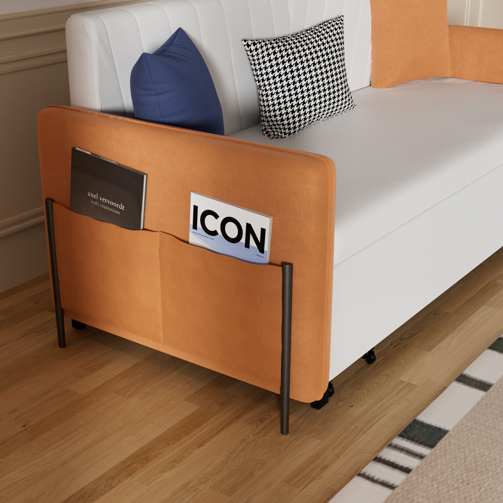 Close-up of convenient side pockets on modern sleeper sofa bed for books or devices
