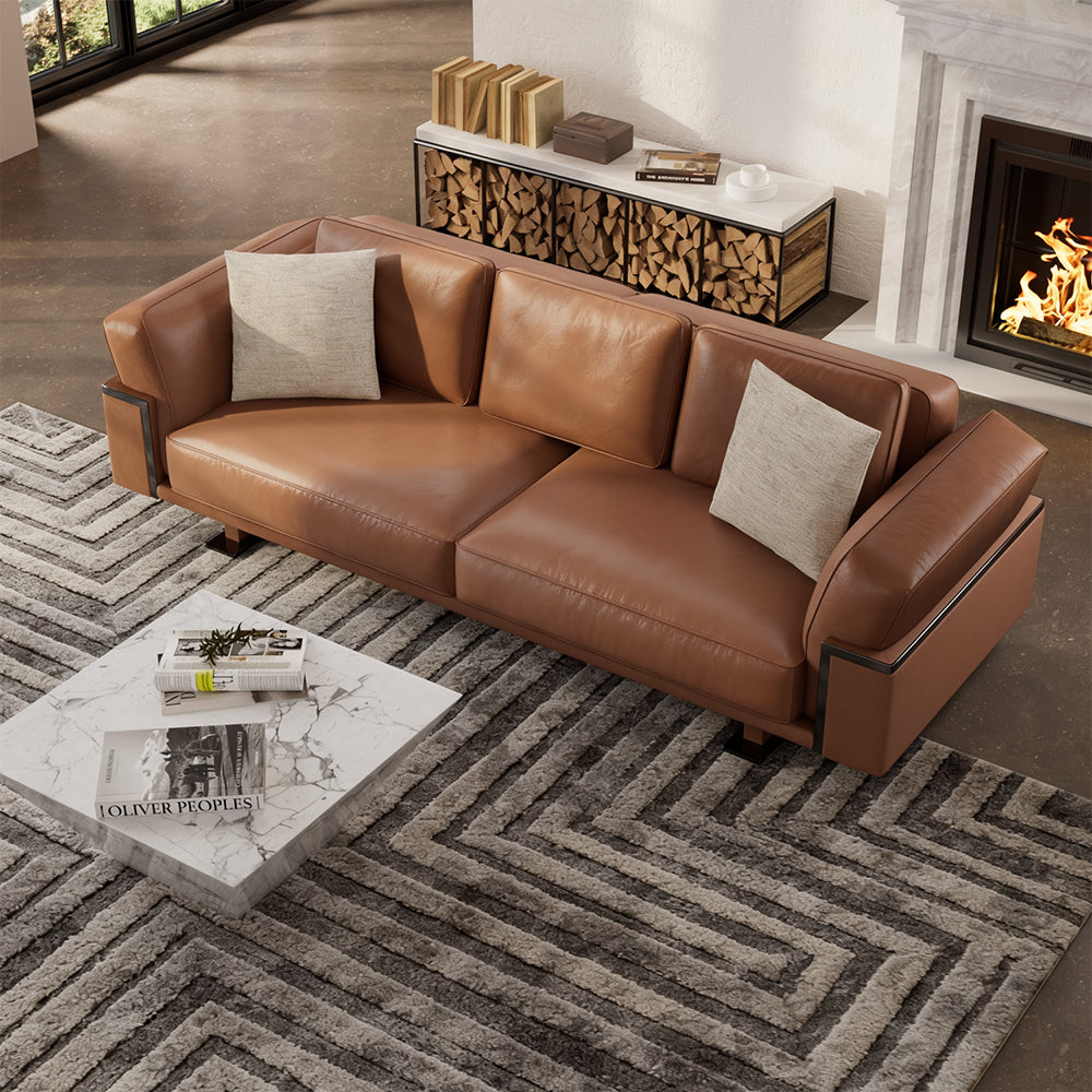 110" Modern 4-Seater Leather Sofa Luxury Comfort with High-Density Foam Solid Wood Frame & Brushed Stainless-Steel Accents