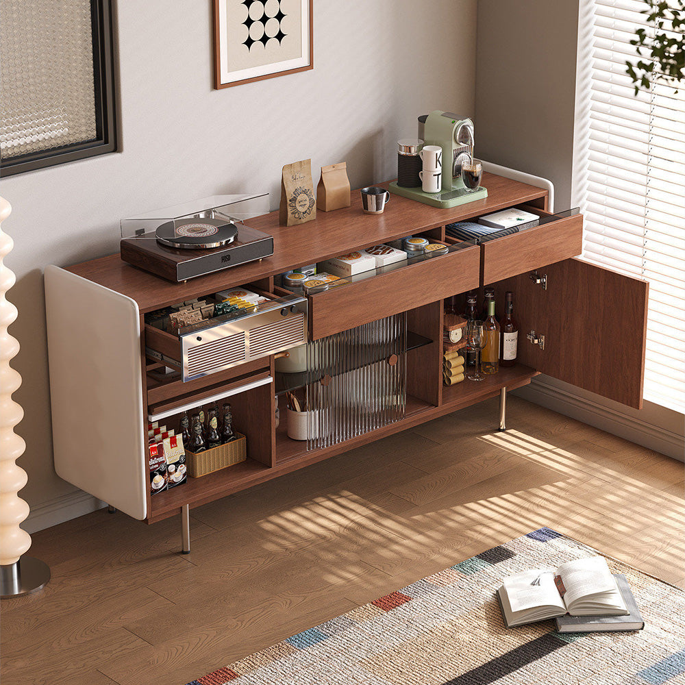 59.1"/70.9" Modern Walnut Sideboard Cabinet with Fluted Glass Sliding Doors & Open Storage