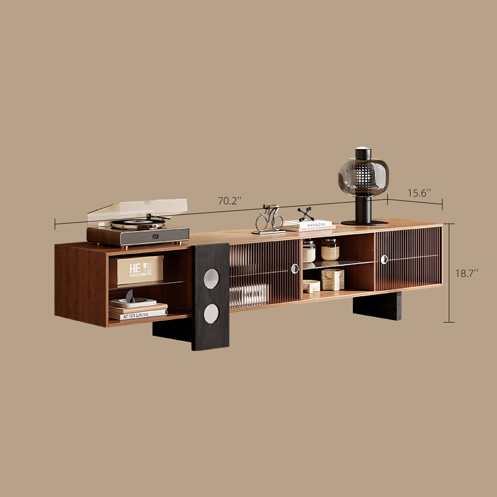 70.2‘’Mid-Century Modern TV Stand with Record Player Shelf - Wood Storage  Easy Organization