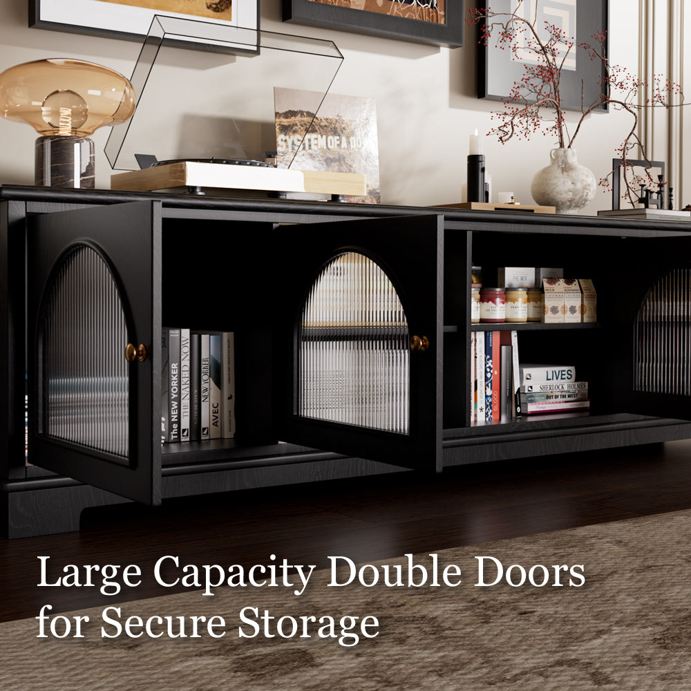 Modern Low-Profile TV Cabinet with Arched Glass Doors Freestanding Storage Console