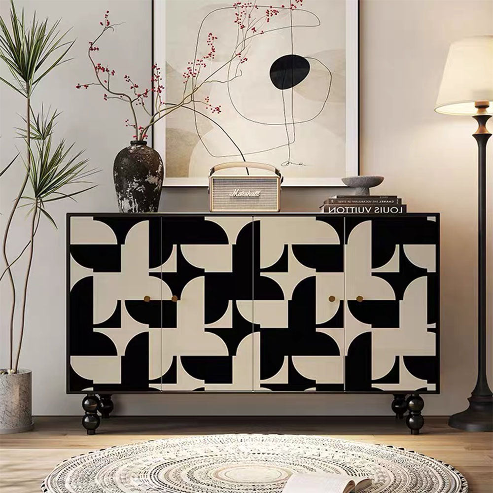 59'' Vintage Hand-Painted Sideboard Artistic Retro Buffet Cabinet with Bold Geometric Patterns