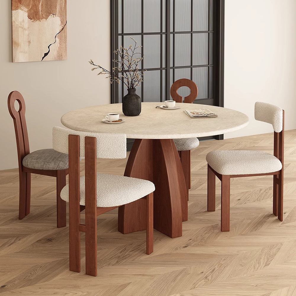 Modern Round Travertine Dining Table Solid Wood Pedestal Base Minimalist Dining Room Table