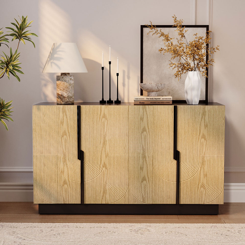 55.1'' Modern Fluted Wood Sideboard Cabinet with Sculptural Geometric Doors Black Base & Ample Storage for Dining & Living Room