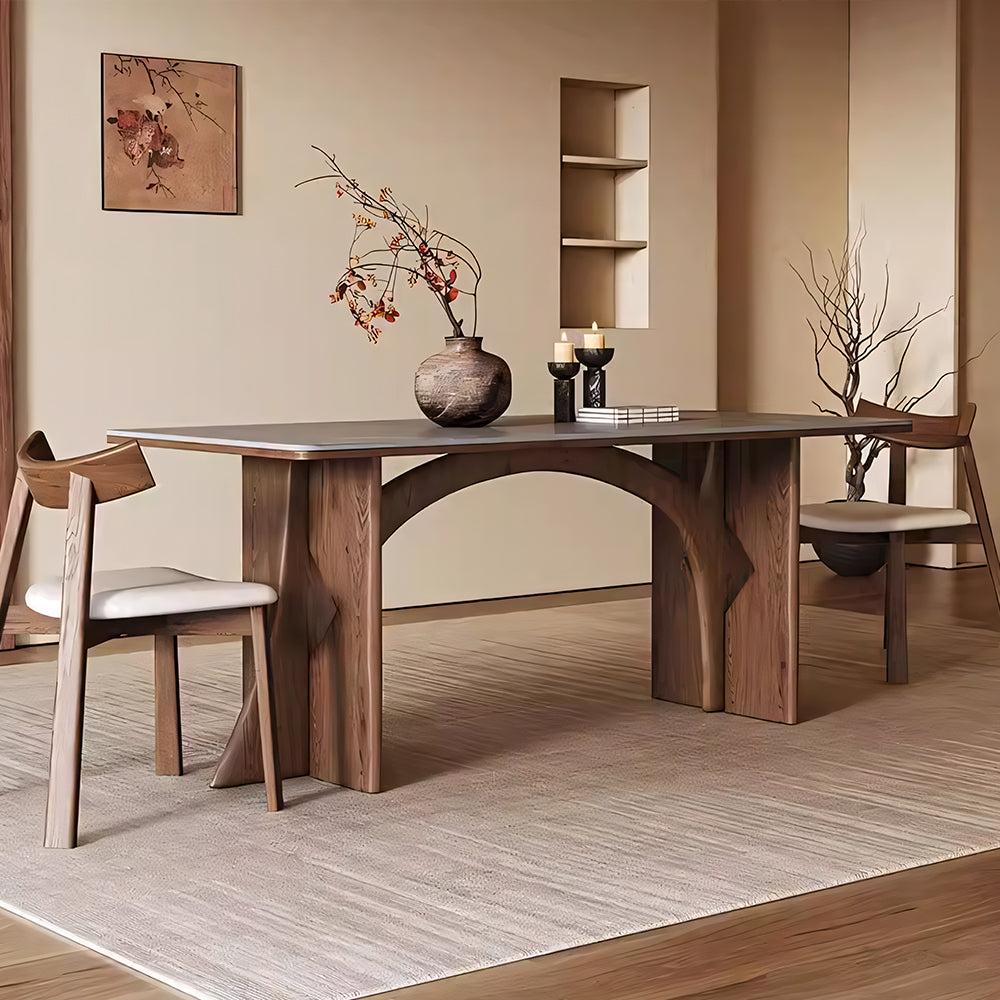 Dining Table Stone-Look Ceramic Top Solid Wood Base Modern Minimalist Design