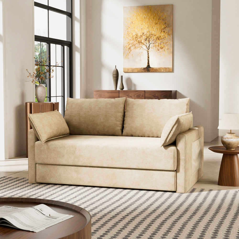 65.52" Compressed Sofa Convertible Sofa Bed Wrinkle-resistant Linen Lightweight Loveseat Wooden Armrest