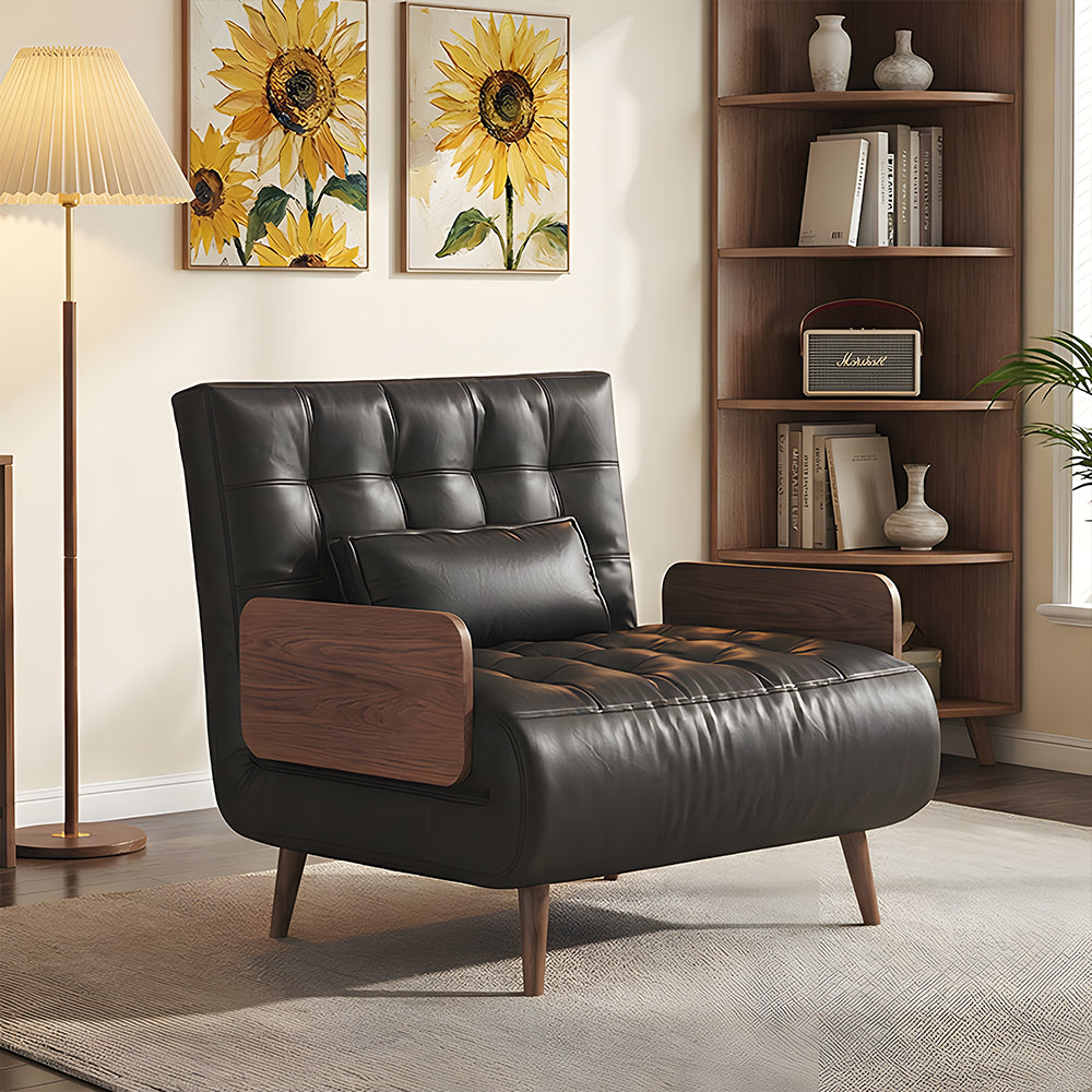 Modern Faux Leather Sofa Bed Convertible Sleeper Couch with Wood Armrests Tufted Design