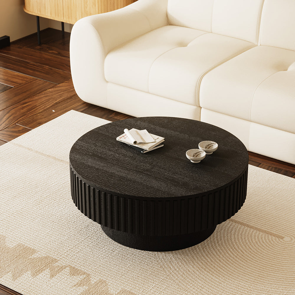 31.2'' Black Round Coffee Table Textured Design Modern Minimalist Style
