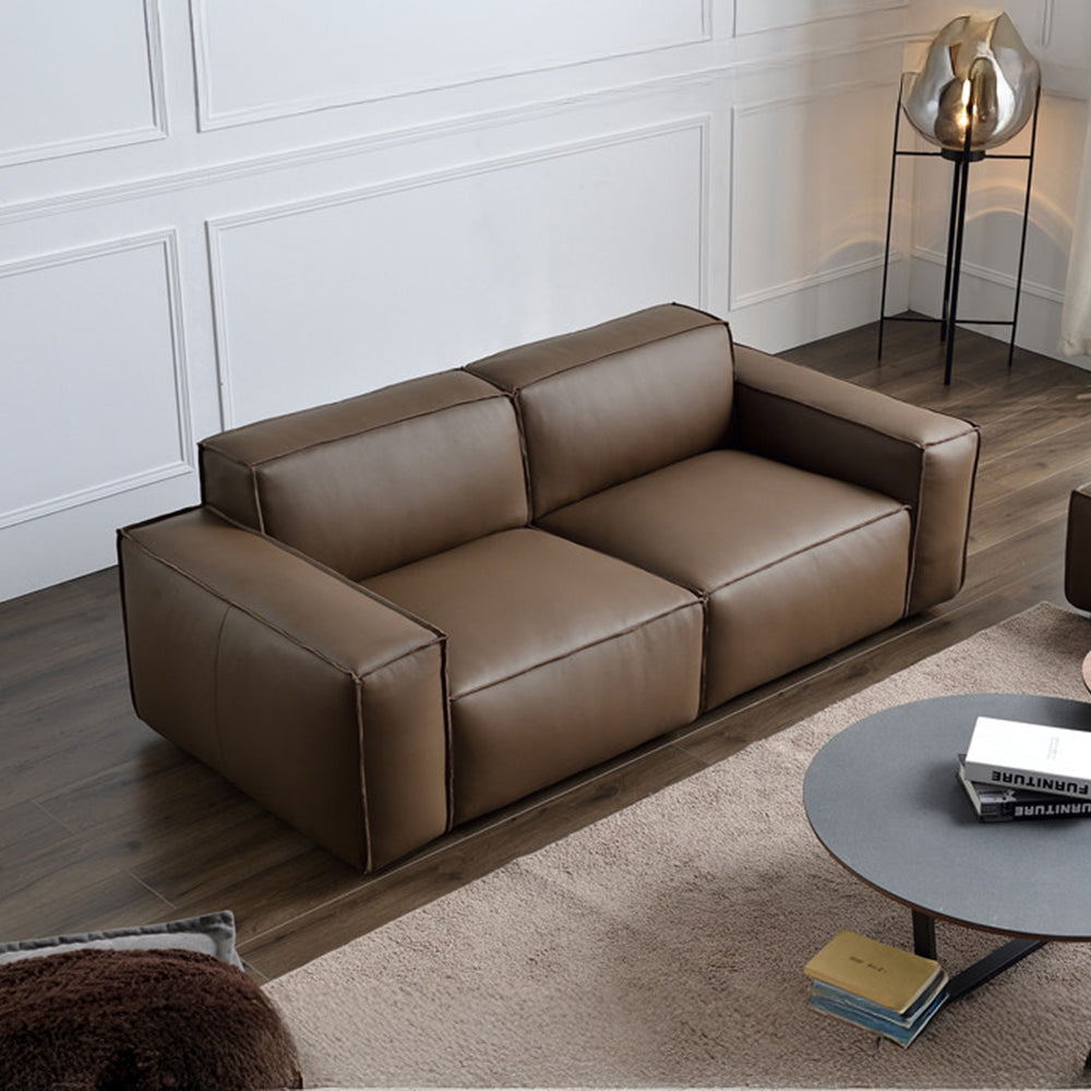 Modern Leather Sofa Boxy Low-Profile Design with Wide Arms