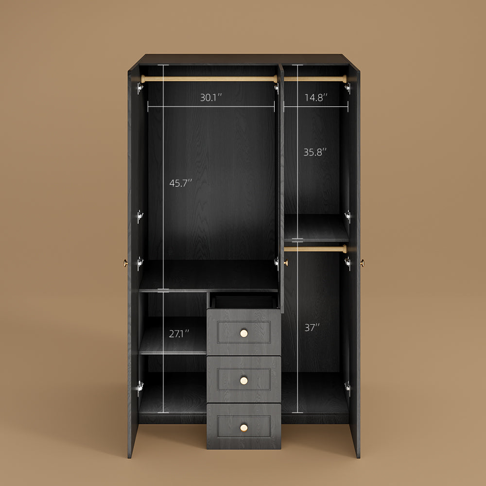 Luxury 3-Door Black Wardrobe with Ribbed Glass Panel Multi-Section Storage with Drawers and Hanging Space