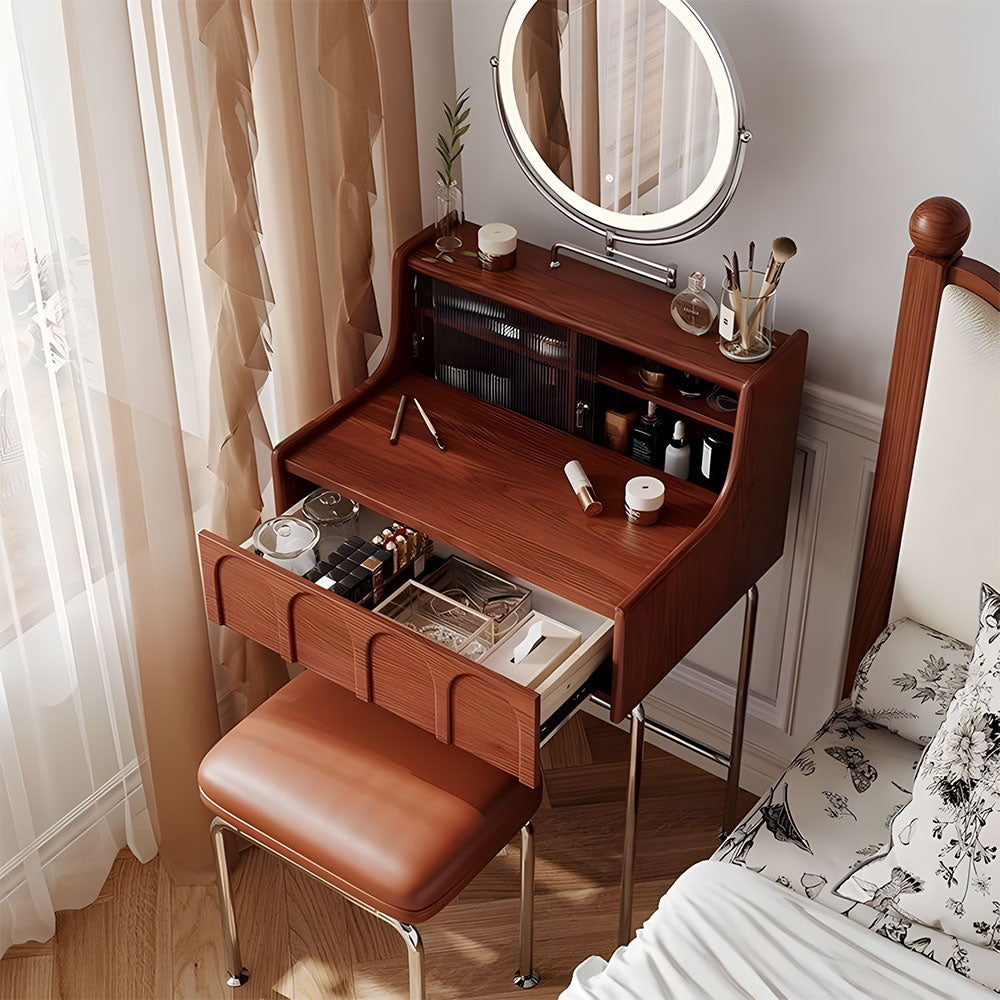 Brown Makeup Vanity Table Set with LED Mirror & Stool