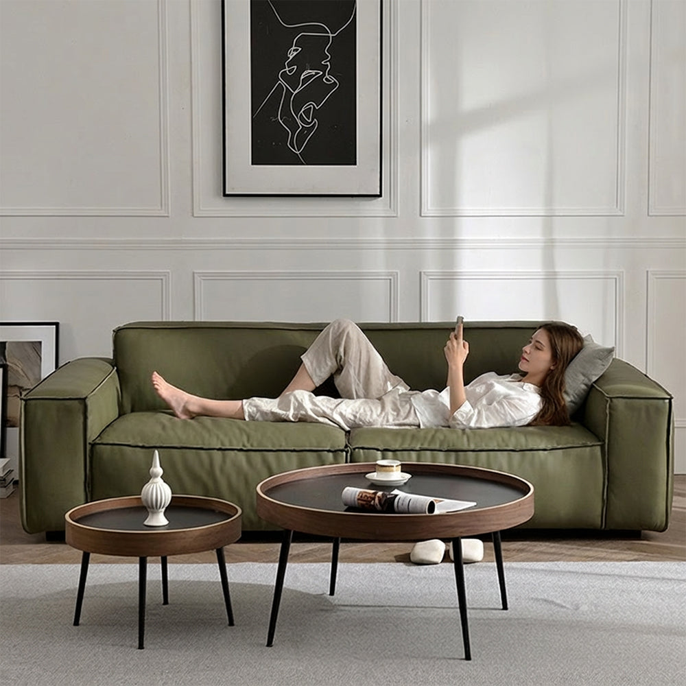 Modern Leather Sofa Boxy Low-Profile Design with Wide Arms