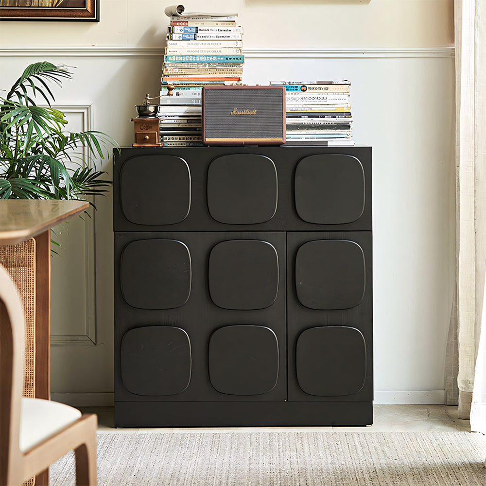 Modern Black Sculptural Sideboard Cabinet Geometric Panel Storage Buffet Cabinet for Dining Room Living Room