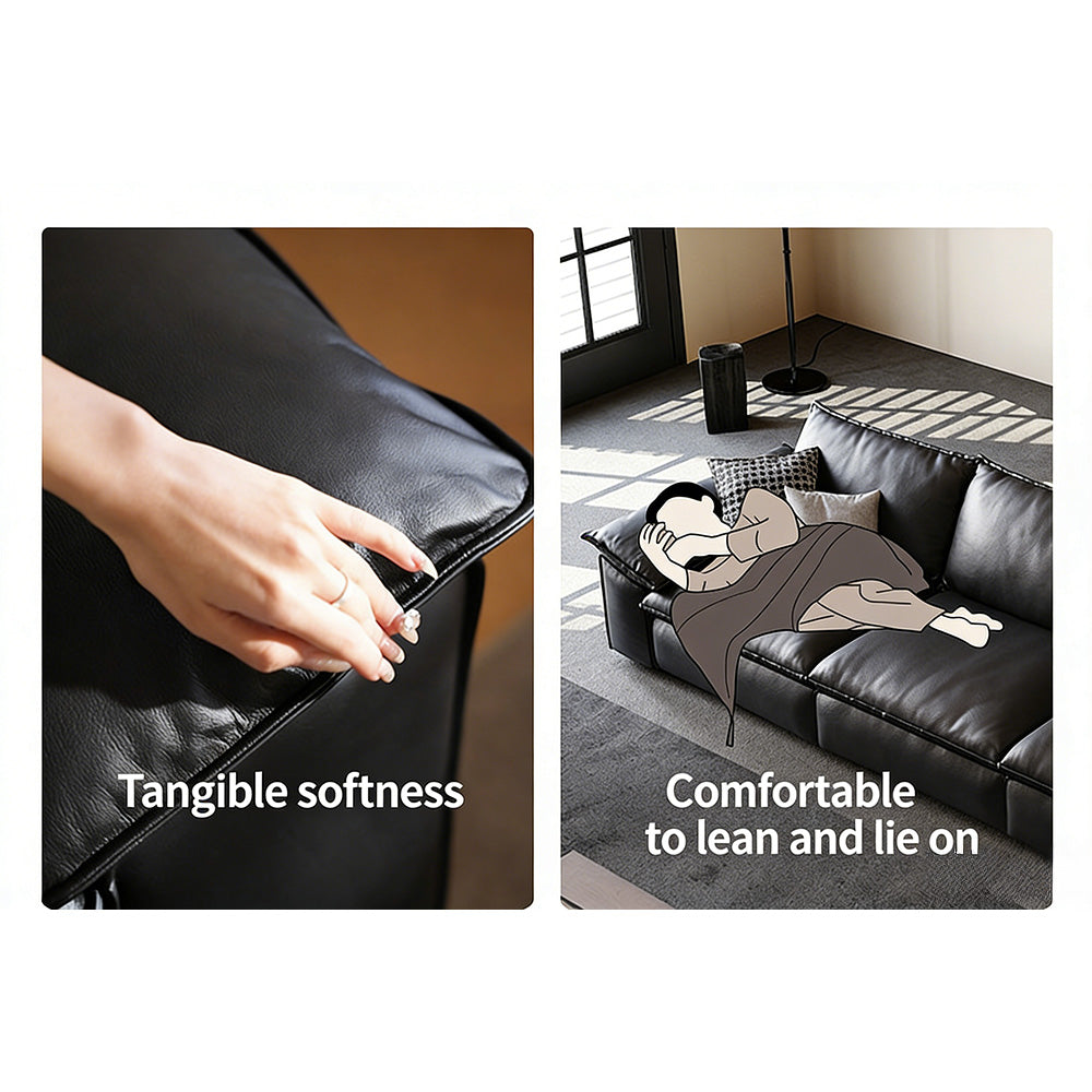 Modern Low Profile Black Leather Straight Sofa Minimalist Wide Arm 4 Seater Couch