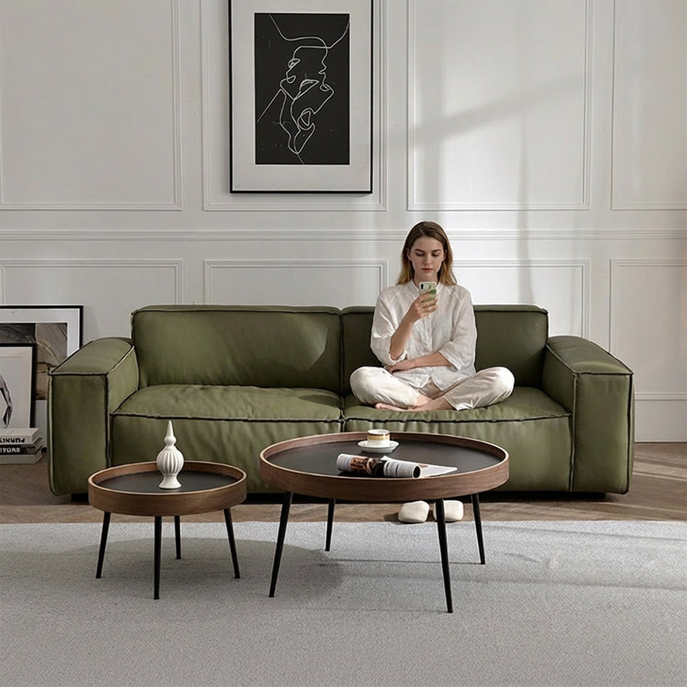 Modern Leather Sofa Boxy Low-Profile Design with Wide Arms