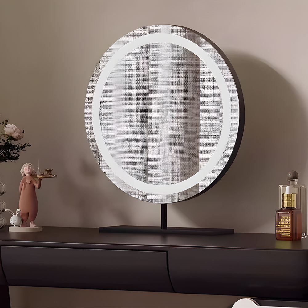 Modern Makeup Vanity Table with LED Round Mirror Storage Cabinet