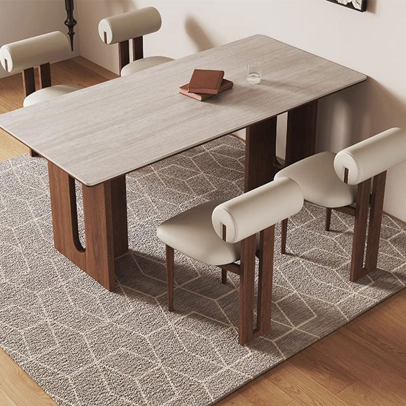 Modern Dining Table Set Solid Wood Legs Walnut Veneer Scratch Resistant Sintered Stone Top