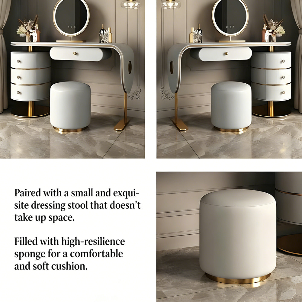 47.2'' Modern Luxury Vanity Desk with Round Mirror Cream Finish Makeup Table with Storage Drawers and Gold Base with Stool